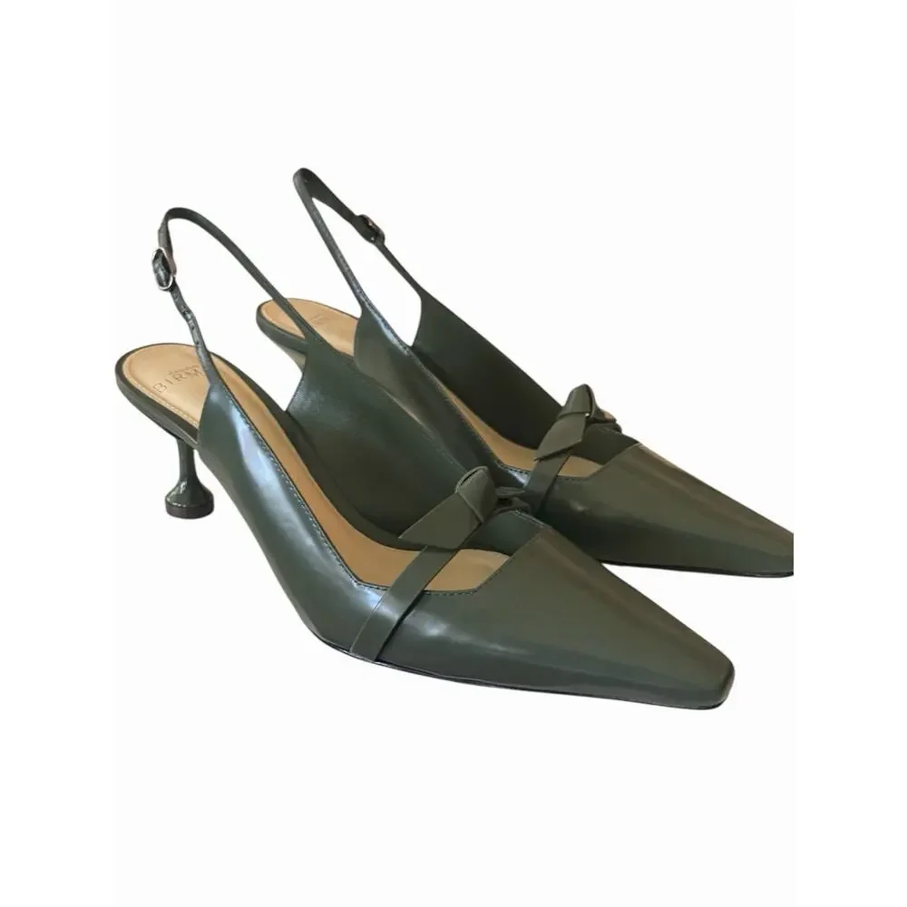 Alexandre Birman Slingback Pumps 37 Green Leather Bow Kitten Heel NIB